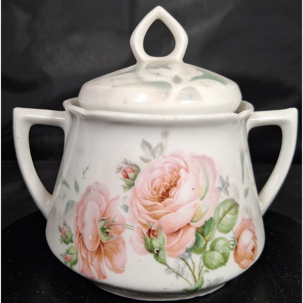 Leuchtenburg Germany Porcelain Sugar Bowl with Lid Pink Rose Floral Vintage